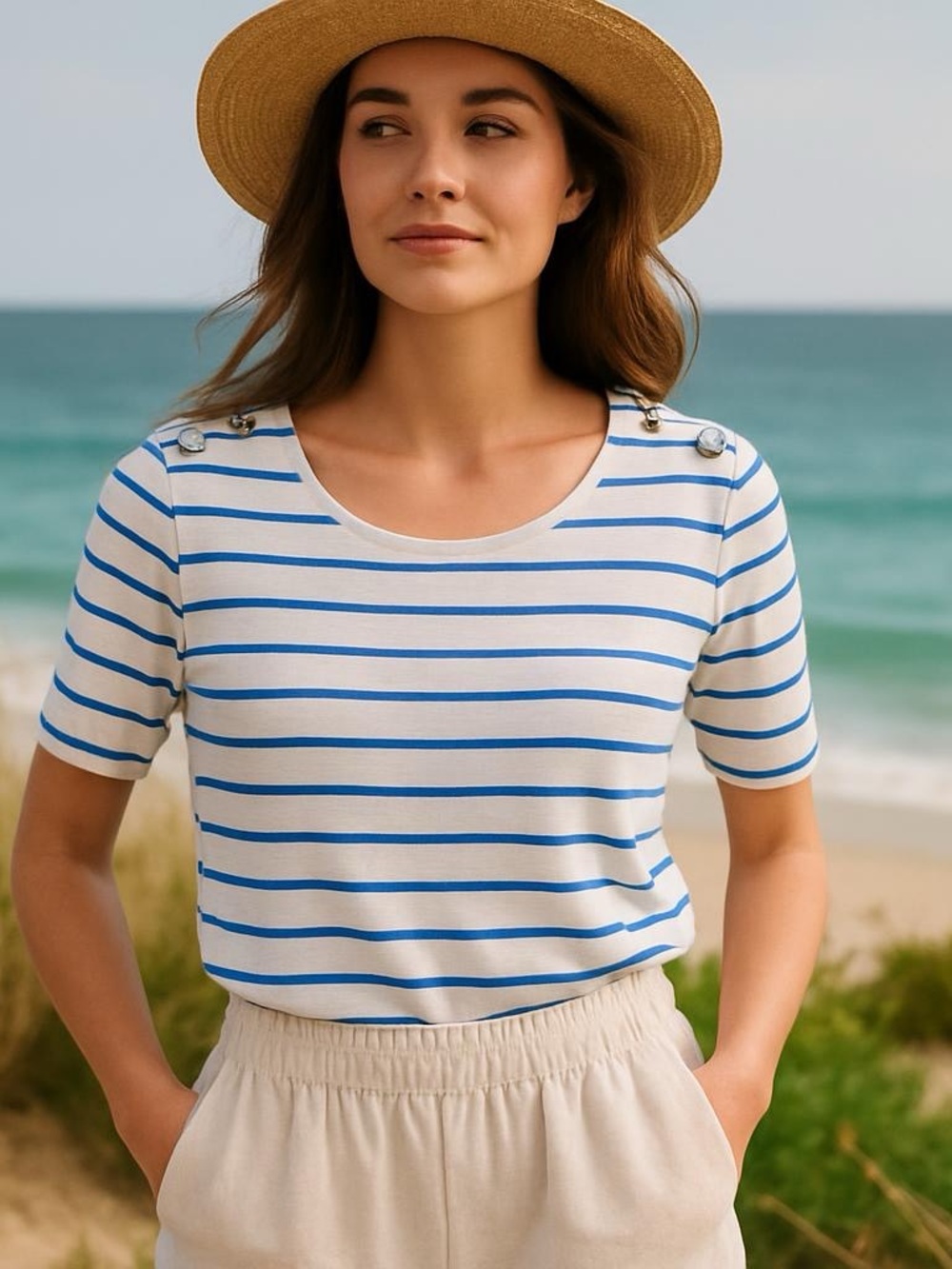 Christian Siriano White and Blue Striped Tee with‎ Gold Button Accents Size L